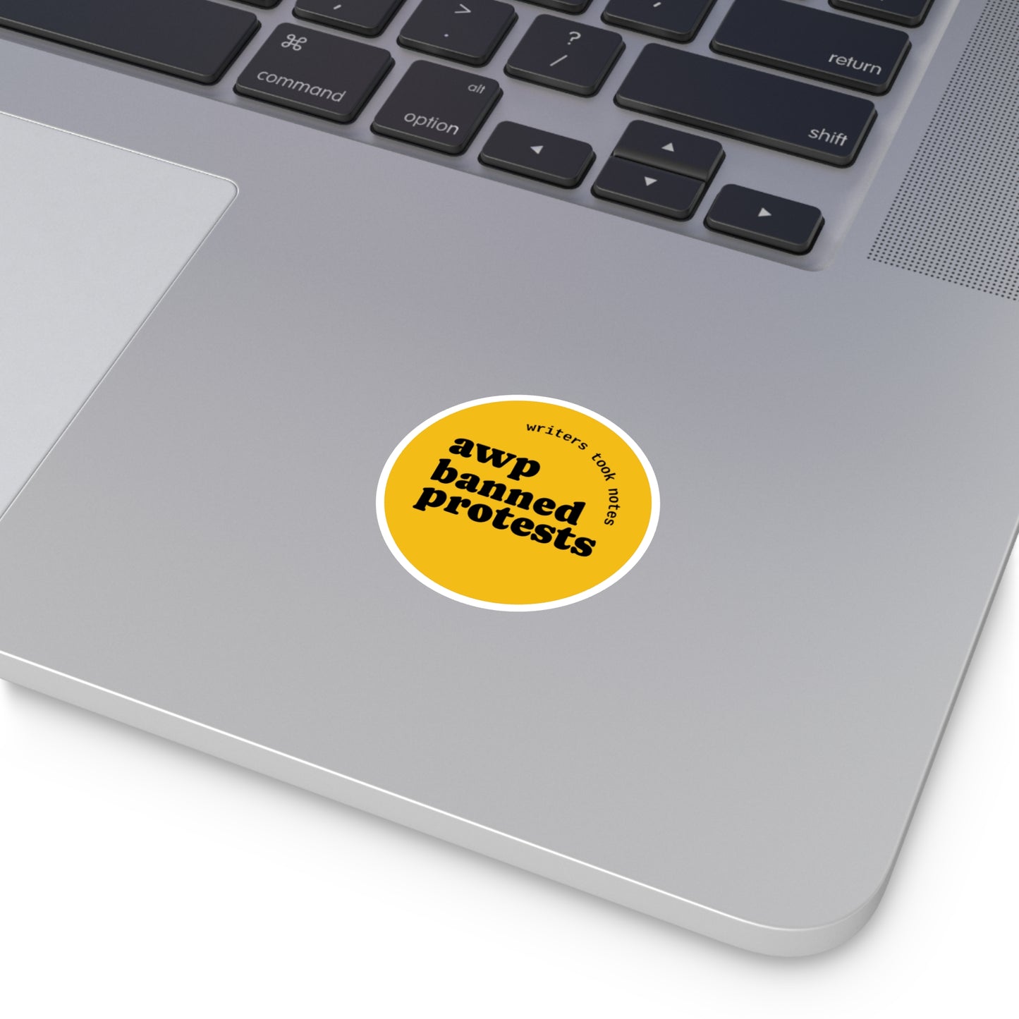Round Protest Sticker — “awp banned protests” Yellow sticker