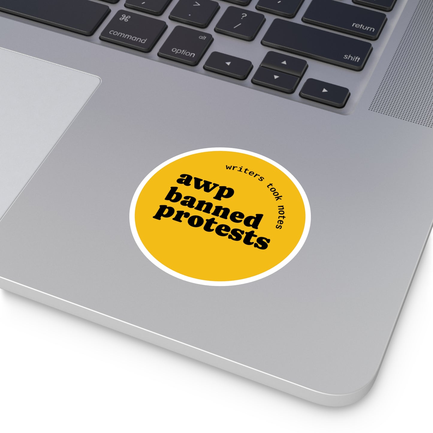 Round Protest Sticker — “awp banned protests” Yellow sticker